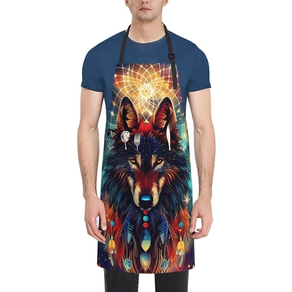 Xecao Mystic Wolf Dreamcatcher Print Kitchen Cooking Aprons, Waterproof Adjustable Bib Aprons with 2 Pockets for Women Men Chef