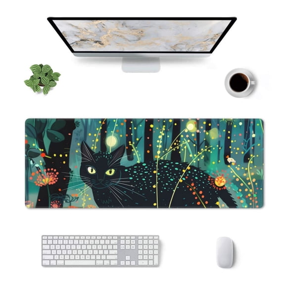 Xecao Mystical Black Cat Fireflies for Mouse Pad - Waterproof Extended Contour Mouse Mat, Large Gaming Mousepad Laptop Keyboard Mat with Non-Slip Rubber Base