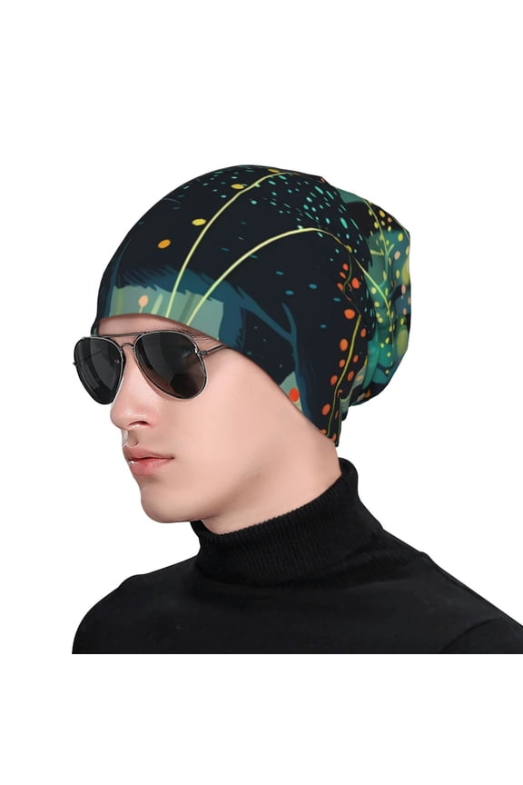 Mystical Black Cat Fireflies Print Beanie Knitted Hat for Men Women, Winter Fashion Knit Cuffed Caps Unisex