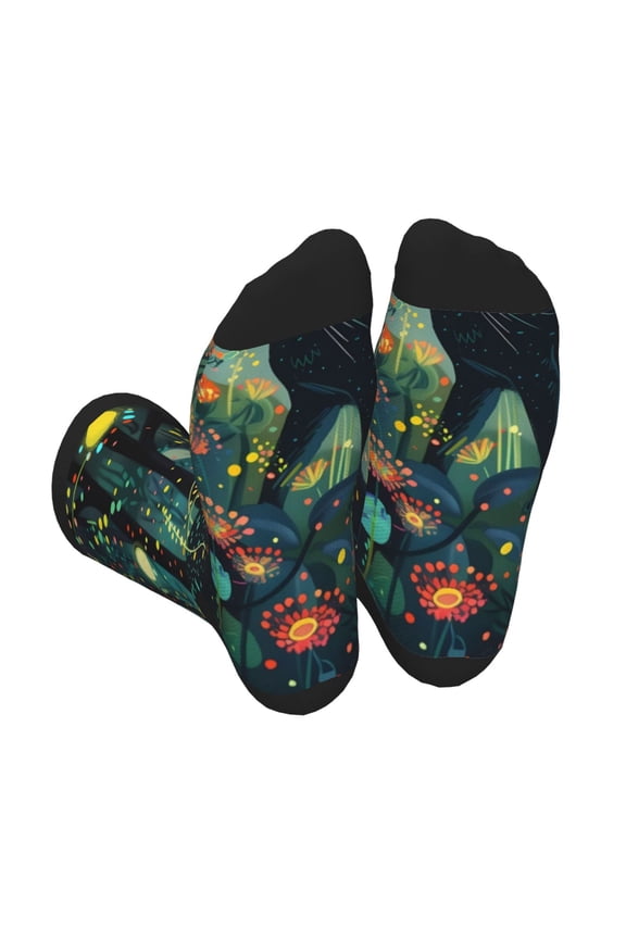 Mystical Black Cat Fireflies Print Crew Socks for Men and Women, Men's Soft Moisture-wicking Sock