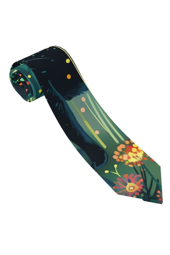 Mystical Black Cat Fireflies Print Tie For Men Necktie Woven Jacquard Neck Ties,Classic Men's Tie