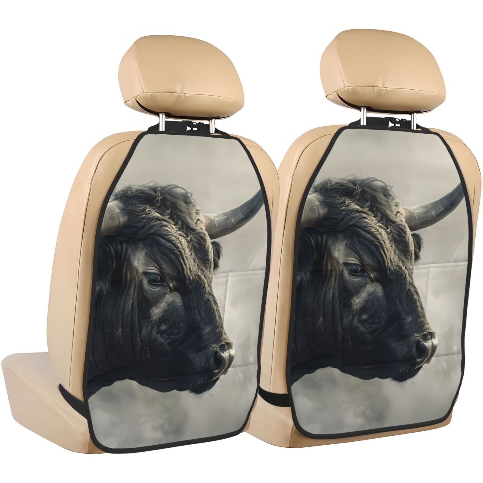 Xecao Mystical Bull in Fog Pattern Car Seat Back Protector 2 Pack Large Capacity Pocket, Kick Mats Back Seat Protector