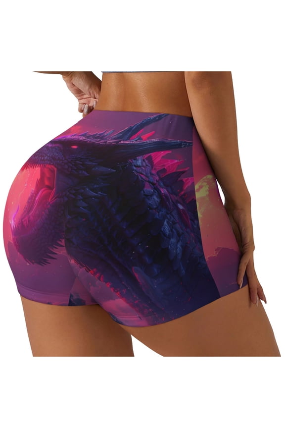Mystical Dragon Under Moon Print Workout Shorts for Women Soft Smooth Gym Yoga Scrunch Active Tennis Workout Running Shorts-X-Large
