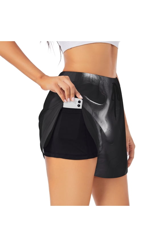 Mystical Masked Figure Monochrome for Double-layer Running Short for Women, Perfect for Gym, Tennis, and More, Featuring a Convenient Pocket-X-Large
