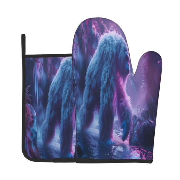 Xecao Mystical White gorilla Jungle Pattern Oven Mitts and Pot Holders Sets Heat Resistant Silicone Oven Mittens Extra Thicken Long Kitchen Cotton Oven Glove for Cooking