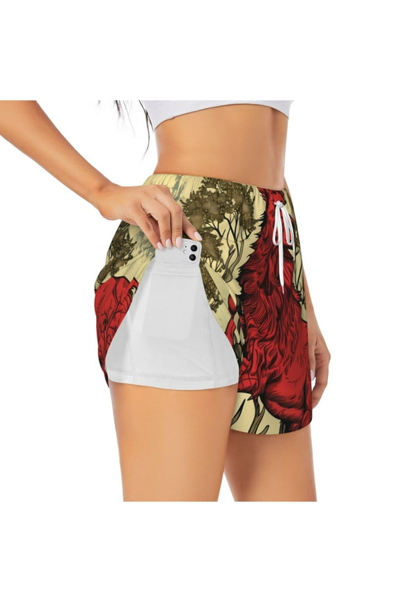 Mythical Red Stag Illustration for Double-layer Running Short for Women, Perfect for Gym, Tennis, and More, Featuring a Convenient Pocket-Medium