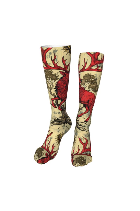 Mythical Red Stag Illustration Print Calf Socks Seamless Toe, Knee High Long Socks, Sports Socks Trouser Socks for Women and Men-One Size