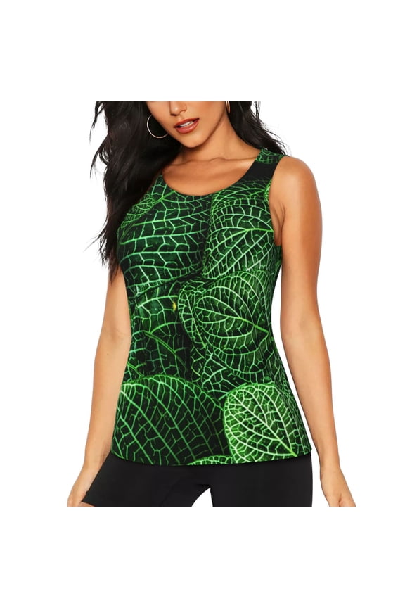 Natural Green Leaves Print Women's Scoop Neck, Loose-Fit Workout Tank Tops for The Gym,Sleeveless T-shirt-Large