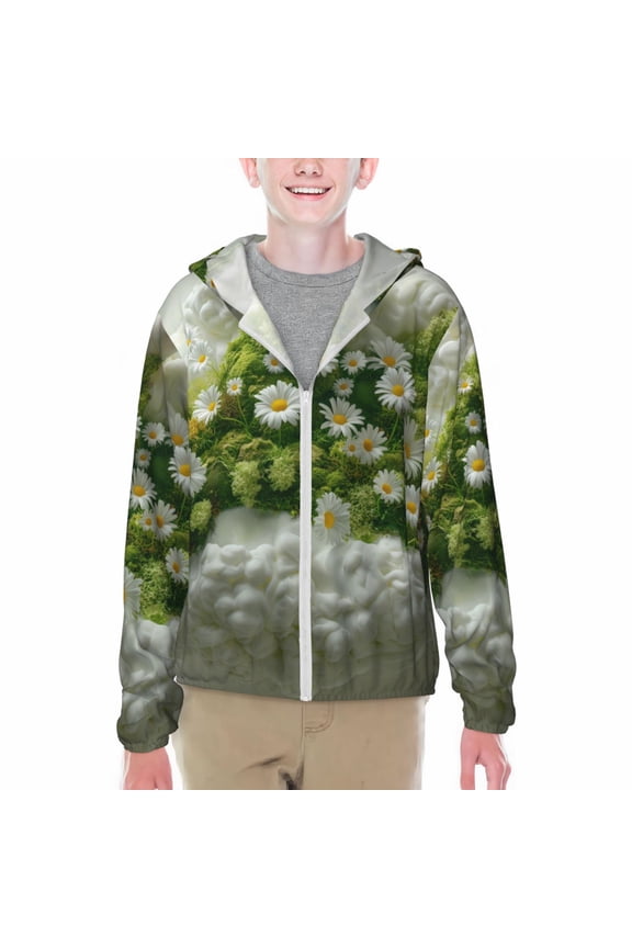 Nature Hand Daisies Art Print Fishing Shirts for teenager Long Sleeve UV Sun Protection Hoodie with Zipper Outdoor Hiking Shirts-Medium