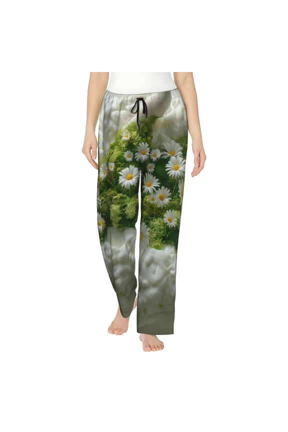 Nature Hand Daisies Art Print Women's Straight Lounge Pajama Pants,The Epitome of Relaxed Sleepwear-Medium