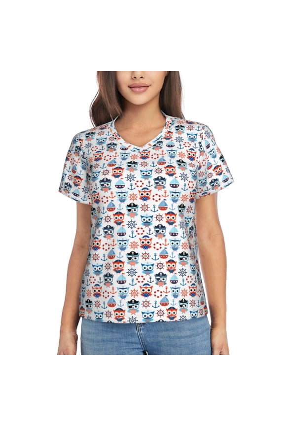 Nautical And Pirate Owls for Women's V-Neck T-Shirts-Elegant Half-Sleeve Tops Perfect for Summer-Medium