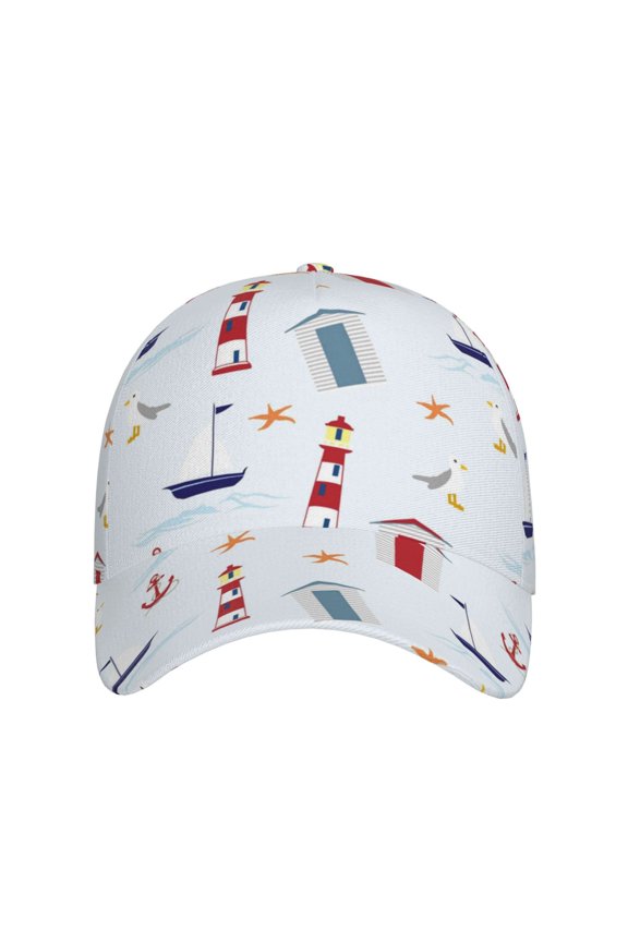 Nautical Lighthouse Sailboat for Baseball Cap: Unisex, crafted from classic polyester twill fabric, featuring a soft unconstructed design