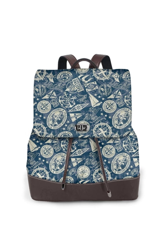 Nautical Style Print Large Backpack Soft Leather for Women Travel with Compartment, Adjustable Convertible Strap