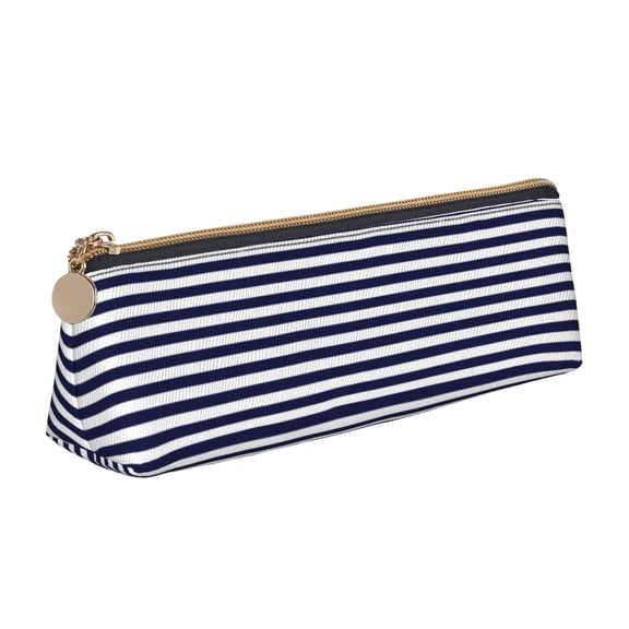 Xecao Navy Blue And White Stripes Print Leather Pencil Case -Stationery Bag Pen Holder for Work & Office