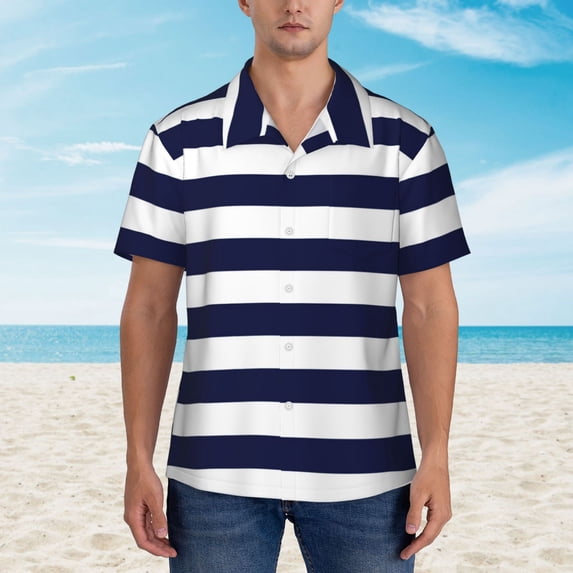 Xecao Navy Blue And White Stripes print Hawaiian shirt - a stylish short-sleeve button-down for men, perfect for casual beach and tropical outings.