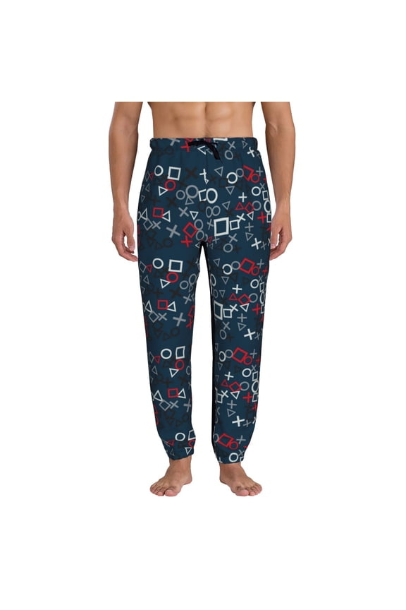 Navy Blue Geometric Print Active Tech Joggers for Men, Mens Sweatpants Lounge Pants with Pockets-Medium