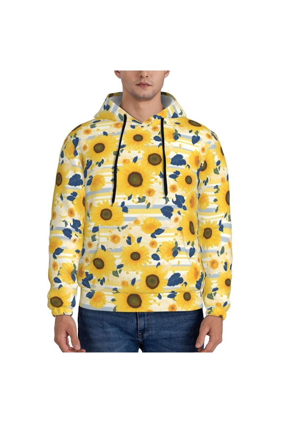 Navy Blue Leaf Sunflower Pattern Men's Adult Pullover Hoodie,Hooded Sweatshirt-Large