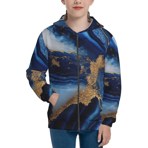 Xecao Navy Blue Marble Pattern Zip Up Hoodies for Boys Girls, Sweatshirt with Pockets-Small