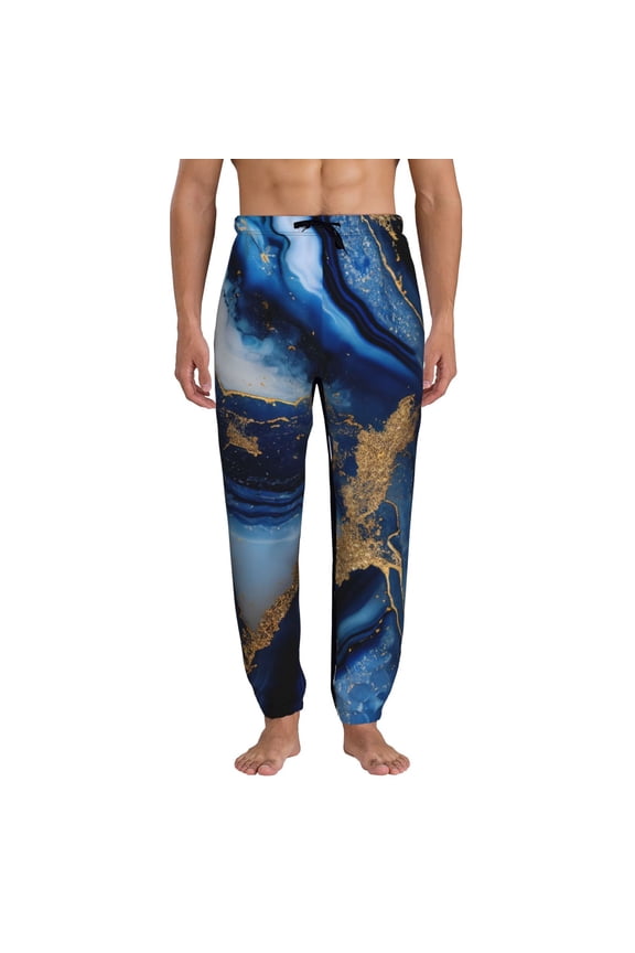 Navy Blue Marble Print Active Tech Joggers for Men, Mens Sweatpants Lounge Pants with Pockets-Medium