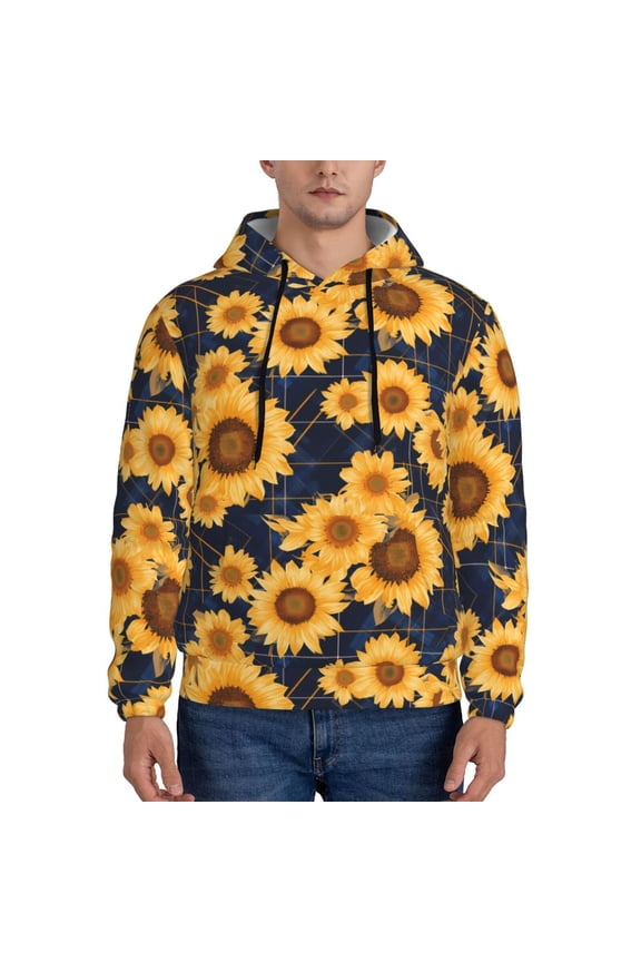 Navy Blue Plaid Sunflower Pattern Men's Adult Pullover Hoodie,Hooded Sweatshirt-3X-Large
