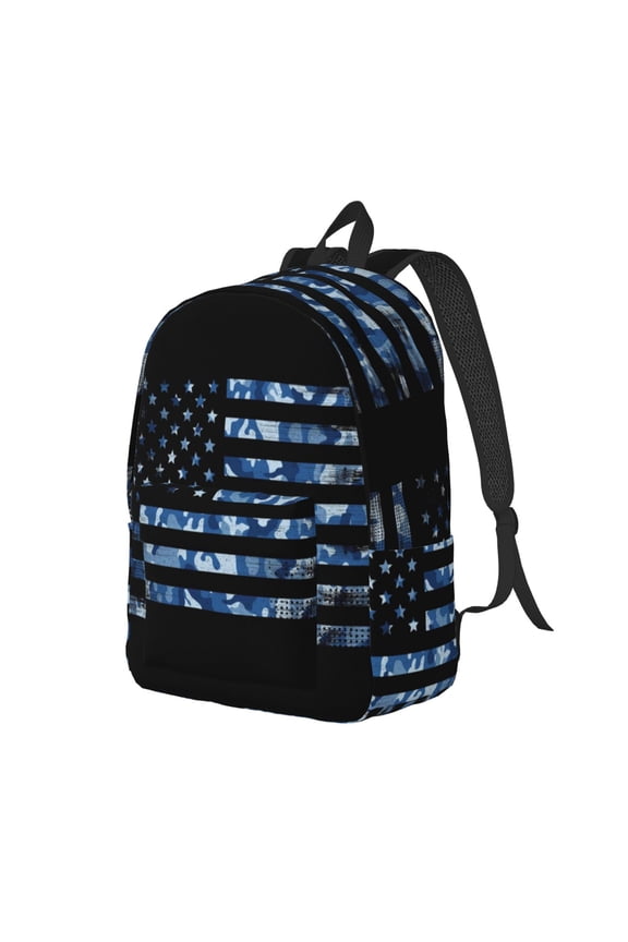 Navy Camouflage American Flag Canvas College Laptop Backpack, a durable rucksack designed for both men and women, ideal for travel, school, and daily use-Medium