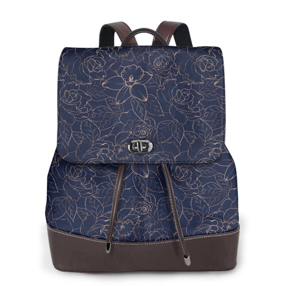 Xecao Navy Dark Blue Print Large Backpack Soft Leather for Women Travel with Compartment, Adjustable Convertible Strap