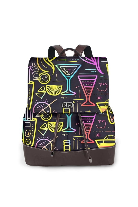 Neon Bar Drinks Print Large Backpack Soft Leather for Women Travel with Compartment, Adjustable Convertible Strap