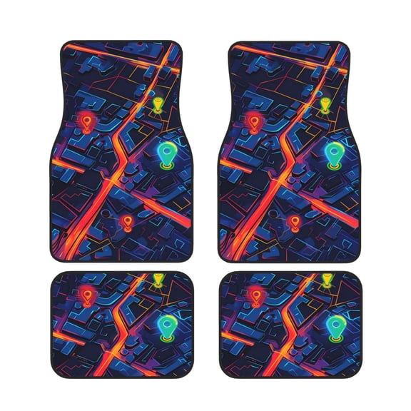 Xecao Neon City Map Print Car Foot Mat Set of 4 Pieces Neoprene All-Weather Dust-Proof Stain-resistantCar Interior Decorative mats Non-Slip Mats