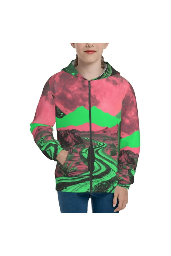 Neon Desert Moon Pattern Zip Up Hoodies for Boys Girls, Sweatshirt with Pockets-Medium