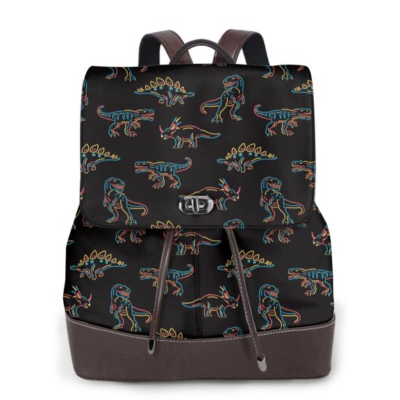 Xecao Neon Dinosaur Print Large Backpack Soft Leather for Women Travel with Compartment, Adjustable Convertible Strap