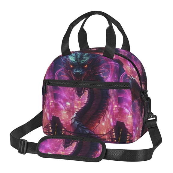 Xecao Neon Futuristic Dragon Print Insulated Lunch Box, Lunch Cags Lunch Bag Featuring An Adjustable Shoulder Strap