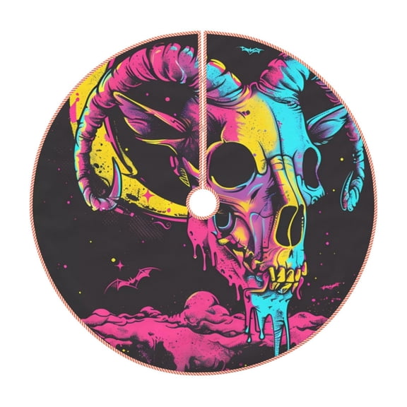 Xecao Neon Gothic Skull Moon Pattern Christmas Tree Skirt Round Xmas Tree Mat Base Cover for Holiday Home Decorations-30"