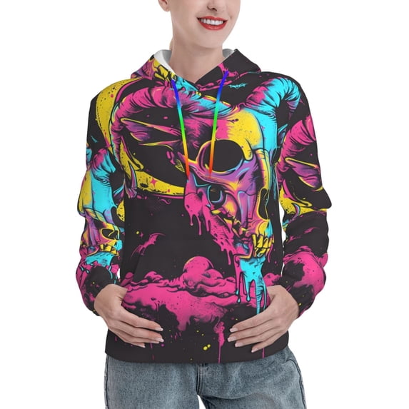 Xecao Neon Gothic Skull Moon Pattern Hoodies for Women Sweatshirts Long Sleeve Sweatshirts Pullover Outfits with Pocket-Medium