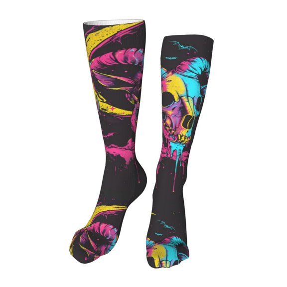 Xecao Neon Gothic Skull Moon Print Calf Socks Seamless Toe, Knee High Long Socks, Sports Socks Trouser Socks for Women and Men-One Size