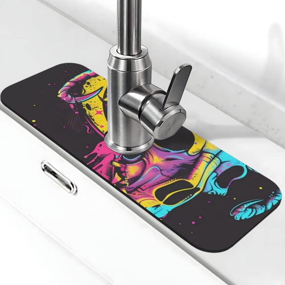Xecao Neon Gothic Skull Moon for Kitchen Sink Splash Guard Faucet Mat , Faucet Guard & Draining mat, (15" X 5.5" )
