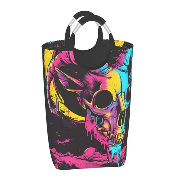 Xecao Neon Gothic Skull Moon for Laundry Basket,Collapsible Large Laundry Hamper,Wash Bag for Laundry Room, Rolling Laundry Basket with Handles