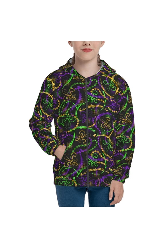 Neon Mardi Gras Pattern Zip Up Hoodies for Boys Girls, Sweatshirt with Pockets-Medium