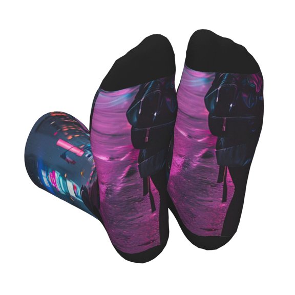Xecao Neon Night Cityscape Print Crew Socks for Men and Women, Men's Soft Moisture-wicking Sock