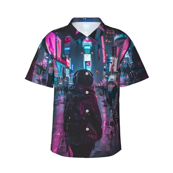 Xecao Neon Night Cityscape Print Hawaiian shirt - A Stylish Short-Sleeve Button-Down for Men, Perfect for Casual Beach and Tropical Outings.,Medium