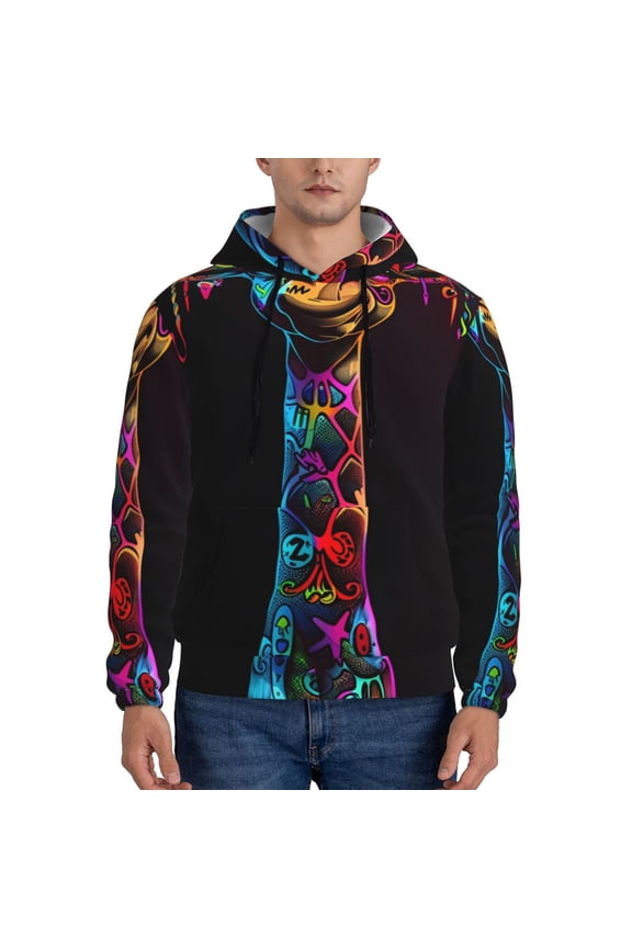 Neon Psychedelic Giraffe Pattern Men's Adult Pullover Hoodie,Hooded Sweatshirt-Large