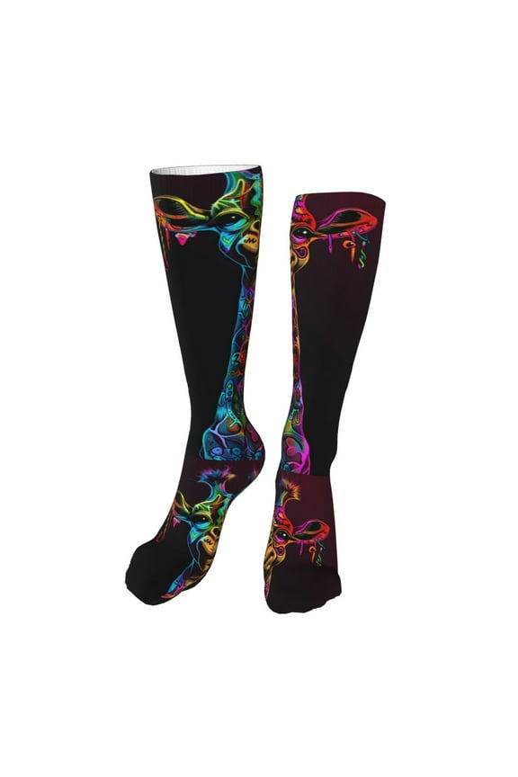 Neon Psychedelic Giraffe Print Calf Socks Seamless Toe, Knee High Long Socks, Sports Socks Trouser Socks for Women and Men-One Size