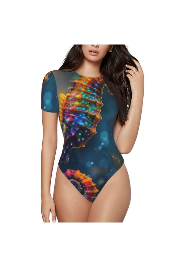 Neon Seahorse Underwater Realm Pattern Women's Crew Neck Body Suit, Short-Sleeved Bodysuit and Basic Swimsuit,Both Comfort and Style for Dating and Daily life -X-Large
