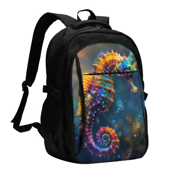 Xecao Neon Seahorse Underwater Realm for Travel Laptop Backpack, USB-Charging-Enabled, Spacious Business Backpack for Men and Women,College School Computer Bag
