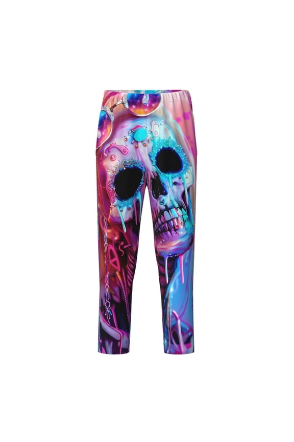 Neon Skull With Milkshake Print Teenagers' Pajama Pants Long Sleep Pants Soft Elastic Waist Pajama Bottoms Elastic waist with 2 Pockets 5-16 Years-Small