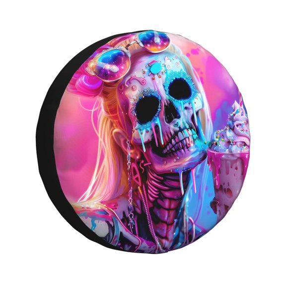 Xecao Neon Skull With Milkshake for Tire Covers,Wheel Tire Cover Waterproof, Dust-Proof, And Universally Fitting for Cars,Trailers, SUVs-16 inch