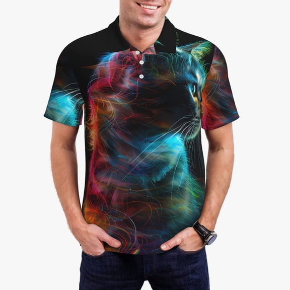 Xecao Neon Spectrum Cat Portrait Mens' Casual Short Sleeve Button-Down Polo Shirts for a Classic Golf Shirts-4X-Large