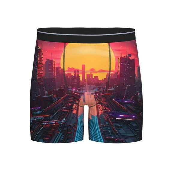 Xecao Neon Sunset Cyberpunk Cityscape Print Boxer Briefs for Men's Stretch Moisture-Wicking Underwear, Mid-Rise Classics breathable fabric