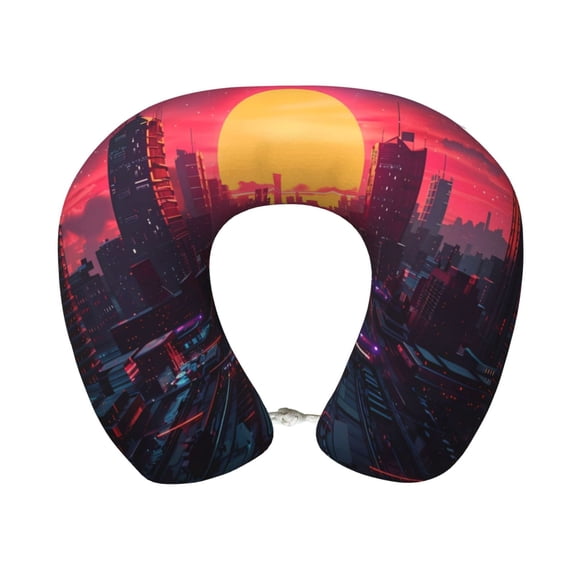 Xecao Neon Sunset Cyberpunk Cityscape Print Memory Foam Cervical Neck Pillow Versatile U-Shaped Pillows for Home,Office,Camping,Travelling,Soft Washable Cover