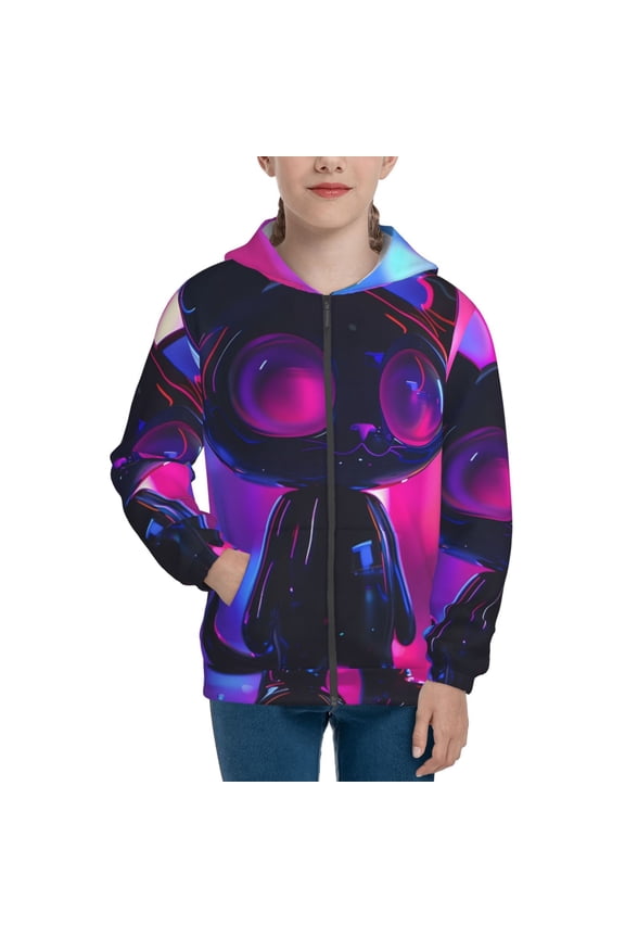 Neon Toy Cat Reflections Pattern Zip Up Hoodies for Boys Girls, Sweatshirt with Pockets-Small