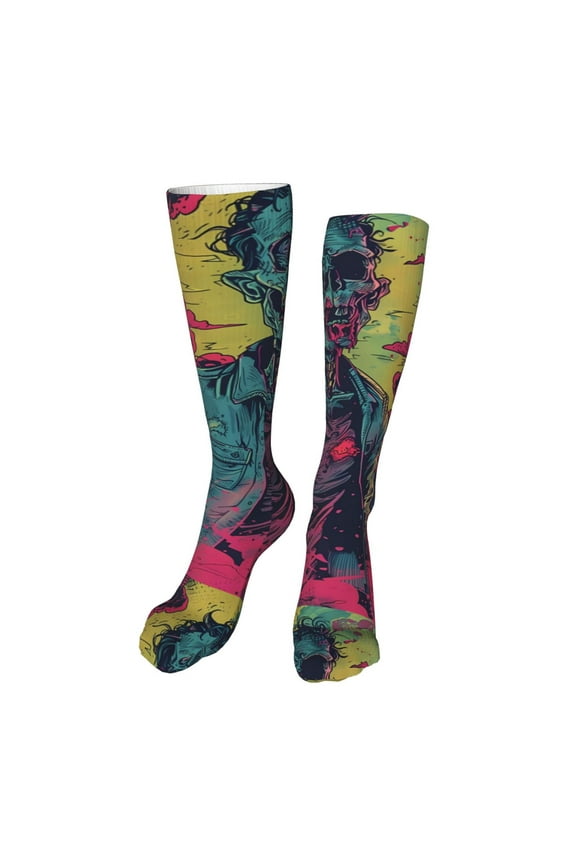 Neon Zombie Skull Print Calf Socks Seamless Toe, Knee High Long Socks, Sports Socks Trouser Socks for Women and Men-One Size